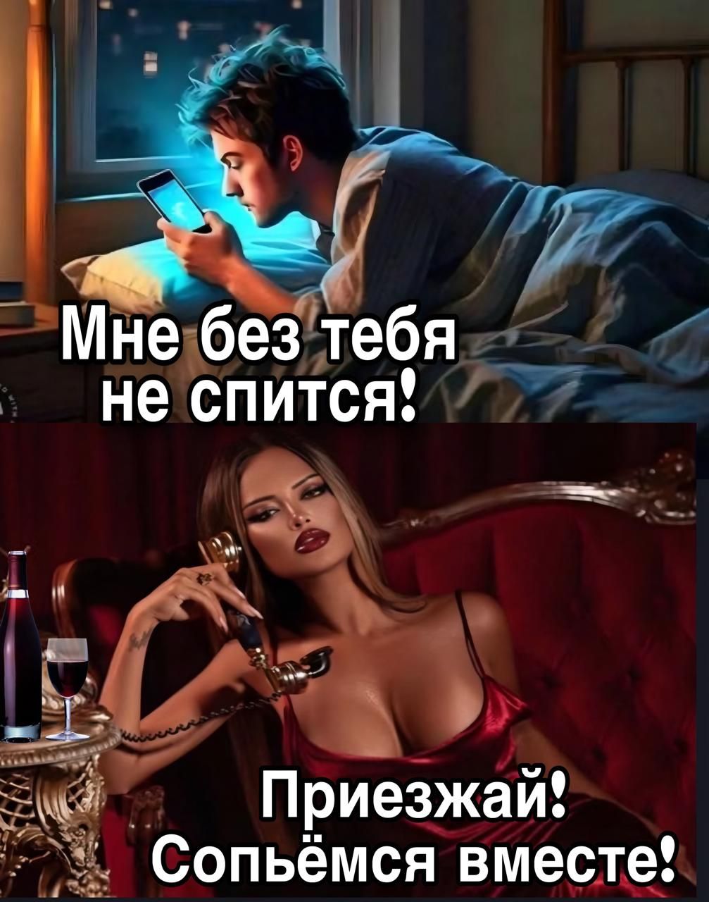 Мне без тебя не спится! Приезжай! Сопьёмся вместе!