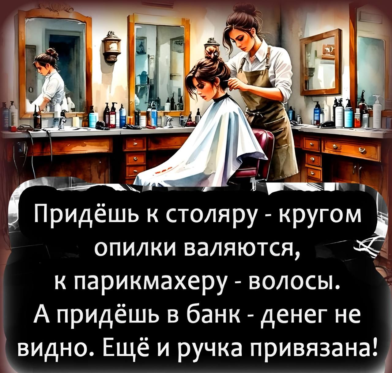 Придёшь к столяру - кругом опилки валяются, к парикмахеру - волосы. А придёшь в банк - денег не видно. Ещё и ручка привязана!