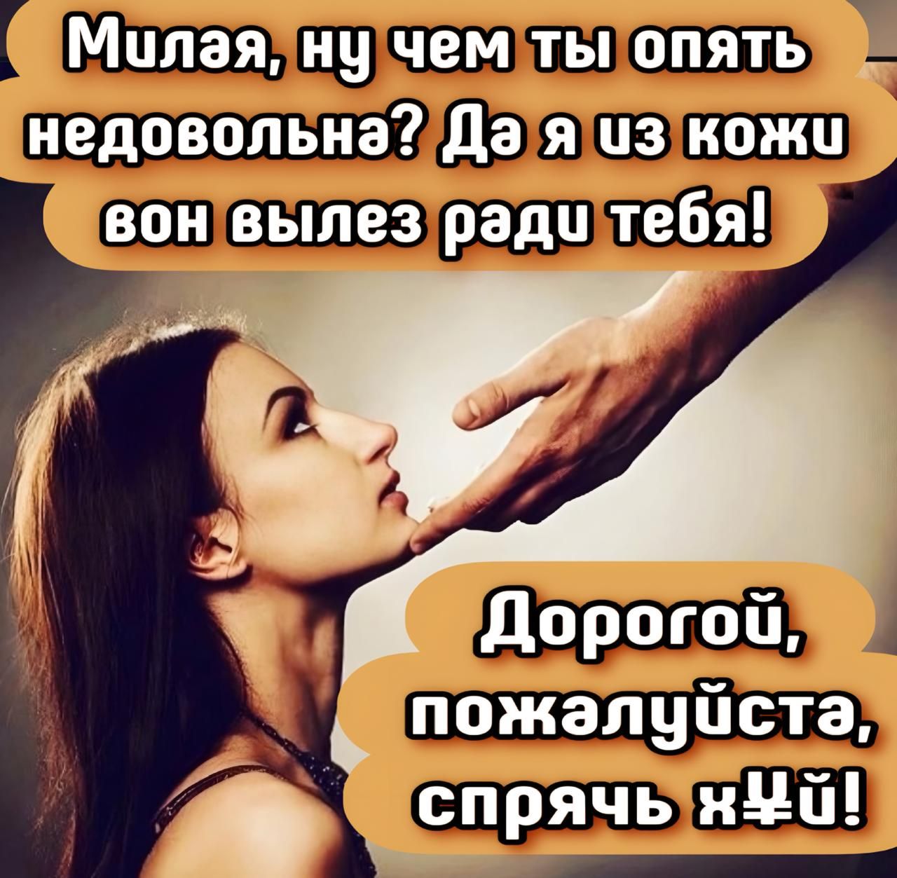 Милая, ну чем ты опять недовольна? Да я из кожи вон влез ради тебя! Дорогой, пожалуйста, спрячь хуй!