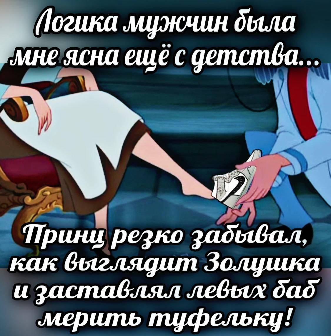 Логика мужчин была мне ясна ещё с детства... Принц резко забывал, как выглядит Золушка и заставлял левых баб мерить туфельку!