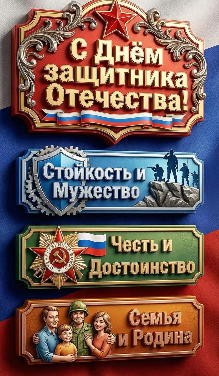 С Днём защитника Отечества!\nСтойкость и Мужество\nЧесть и Достоинство\nСемья и Родина
