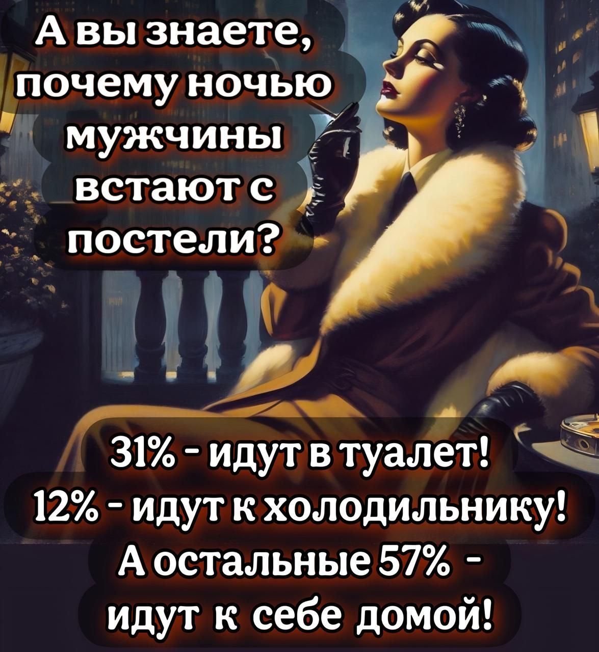 А вы знаете, почему ночью мужчины встают с постели? 31% - идут в туалет! 12% - идут к холодильнику! А остальные 57% - идут к себе домой!