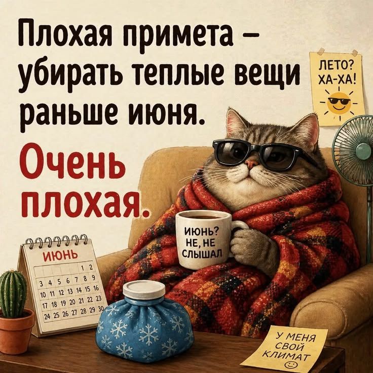 Плохая примета - убирать теплые вещи раньше июня. Очень плохая. Июнь? Не, не слышал. Лето? Ха-ха! У меня свой климат.