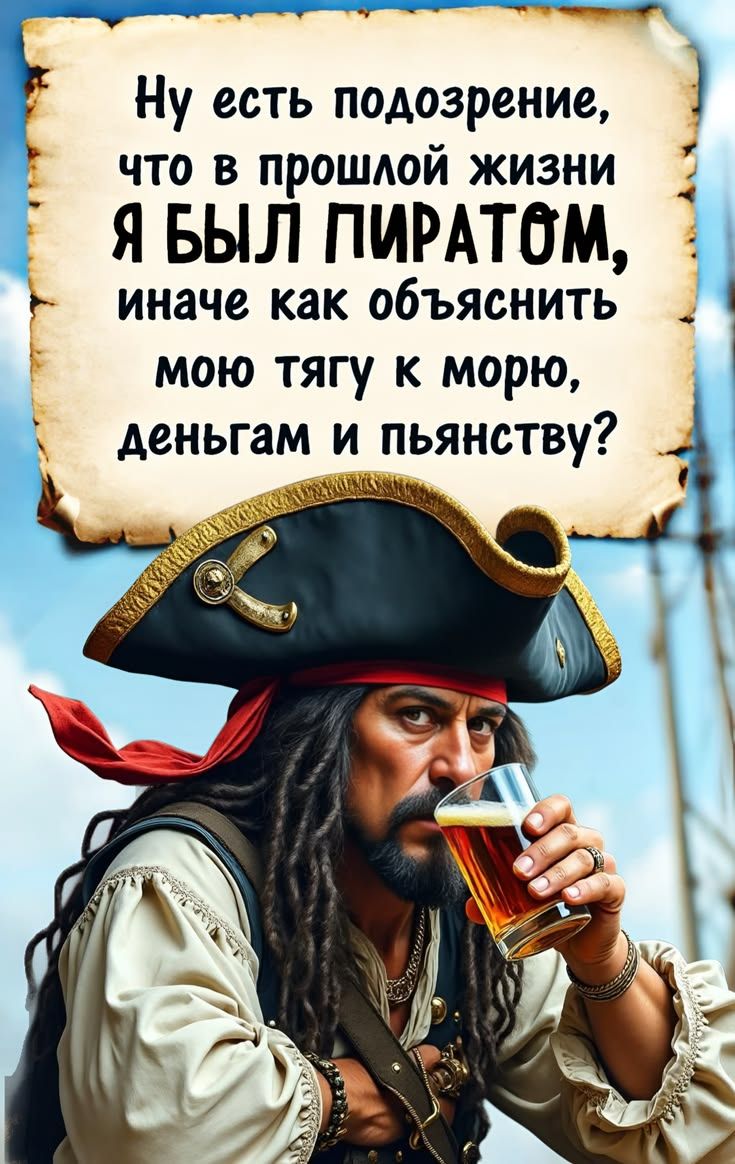 Ну есть подозрение, что в прошлой жизни я был пиратом, иначе как объяснить мою тягу к морю, деньгам и пьянству?