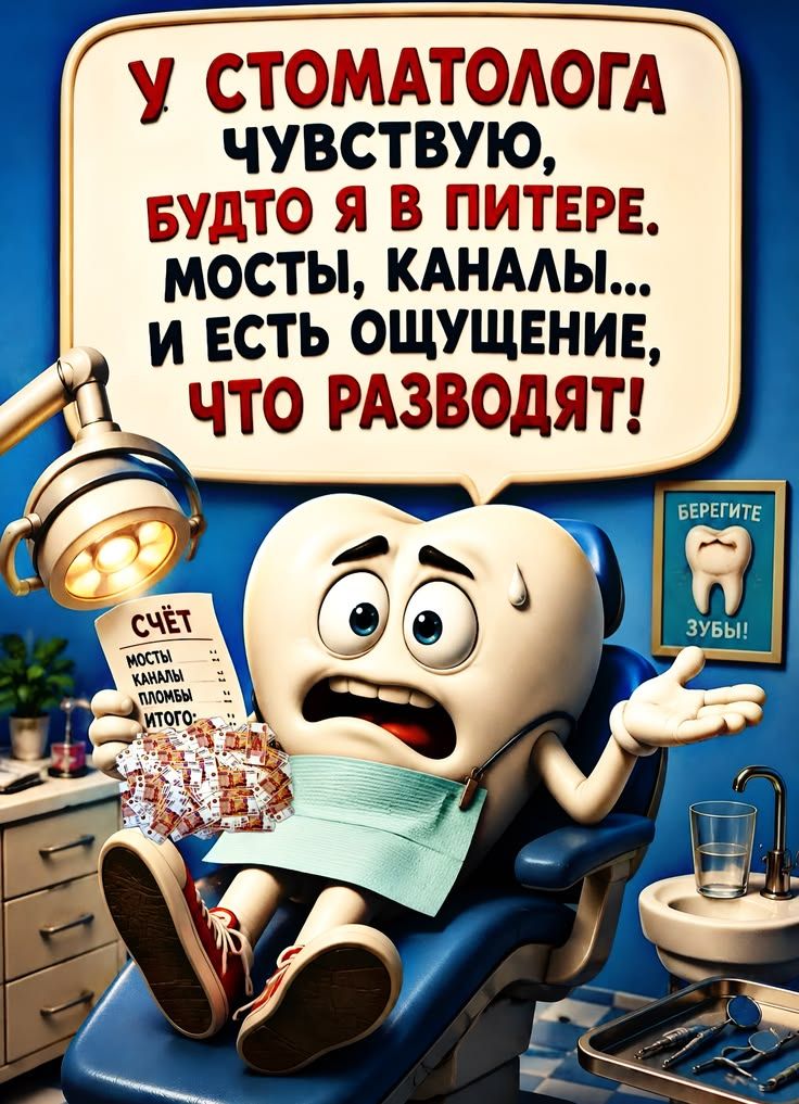 У СТОМАТОЛОГА ЧУВСТВУЮ, БУДТО Я В ПИТЕРЕ. МОСТЫ, КАНАЛЫ... И ЕСТЬ ОЩУЩЕНИЕ, ЧТО РАЗВОДЯТ! СЧЁТ МОСТЫ КАНАЛЫ ПЛОМБЫ ИТОГО: БЕРЕГИТЕ ЗУБЫ!