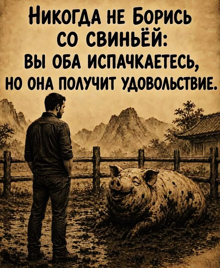 НИКОГДА НЕ БОРИСЬ СО СВИНЬЁЙ: ВЫ ОБА ИСПАЧКАЕТЕСЬ, НО ОНА ПОЛУЧИТ УДОВОЛЬСТВИЕ.