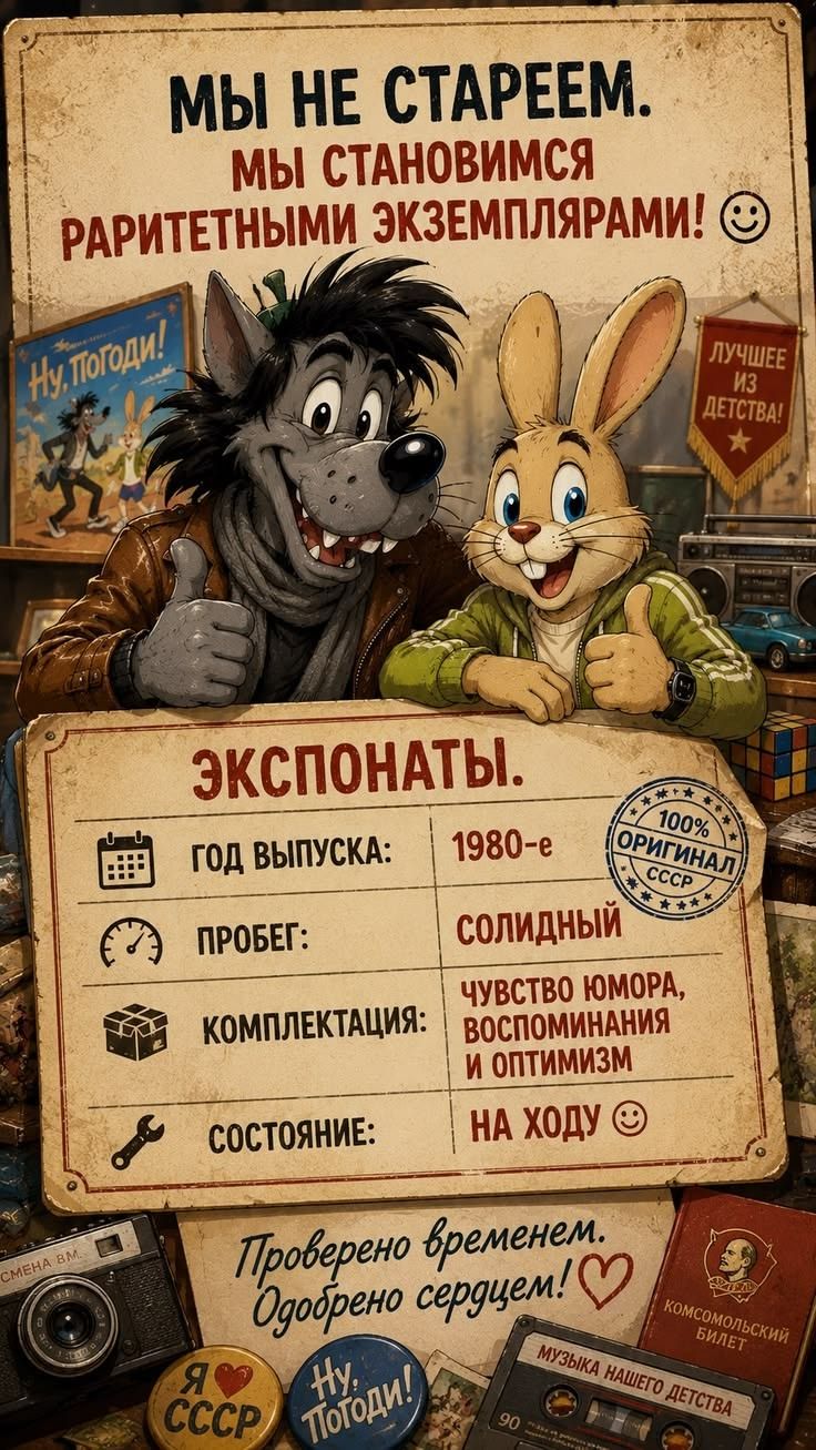 МЫ НЕ СТАРЕЕМ. МЫ СТАНОВИМСЯ РАРИТЕТНЫМИ ЭКЗЕМПЛЯРАМИ! Ну, Погоди! ЛУЧШЕЕ ИЗ ДЕТСТВА! ЭКСПОНАТЫ. ГОД ВЫПУСКА: 1980-е ПРОБЕГ: СОЛИДНЫЙ КОМПЛЕКТАЦИЯ: ЧУВСТВО ЮМОРА, ВОСПОМИНАНИЯ И ОПТИМИЗМ СОСТОЯНИЕ: НА ХОДУ 100% ОРИГИНАЛ СССР Проверено временем. Одобрено сердцем! Я СССР Ну, Погоди! МУЗЫКА НАШЕГО ДЕТСТВА КОМСОМОЛЬСКИЙ БИЛЕТ СМЕНА 8М