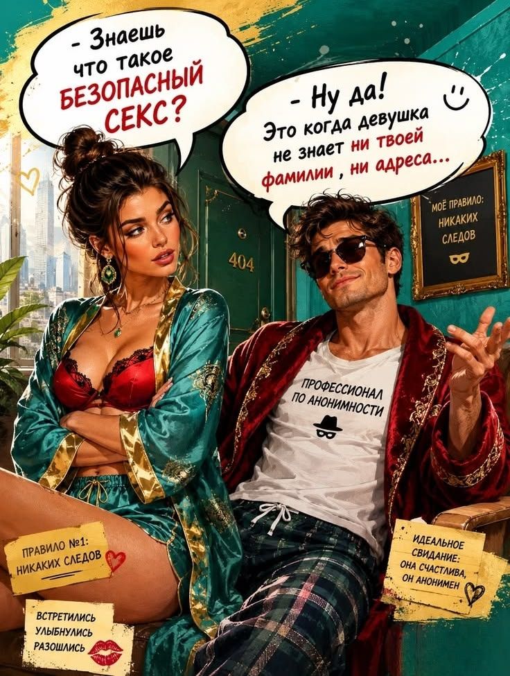 Знаешь что такое БЕЗОПАСНЫЙ СЕКС? - Ну да! Это когда девушка не знает ни твоей фамилии, ни адреса... МОЁ ПРАВИЛО: НИКАКИХ СЛЕДОВ. ПРОФЕССИОНАЛ ПО АНОНИМНОСТИ. ПРАВИЛО №1: НИКАКИХ СЛЕДОВ. ВСТРЕТИЛИСЬ УЛЫБНУЛИСЬ РАЗОШЛИСЬ. ИДЕАЛЬНОЕ СВИДАНИЕ: ОНА СЧАСТЛИВА, ОН АНОНИМЕН. 404.