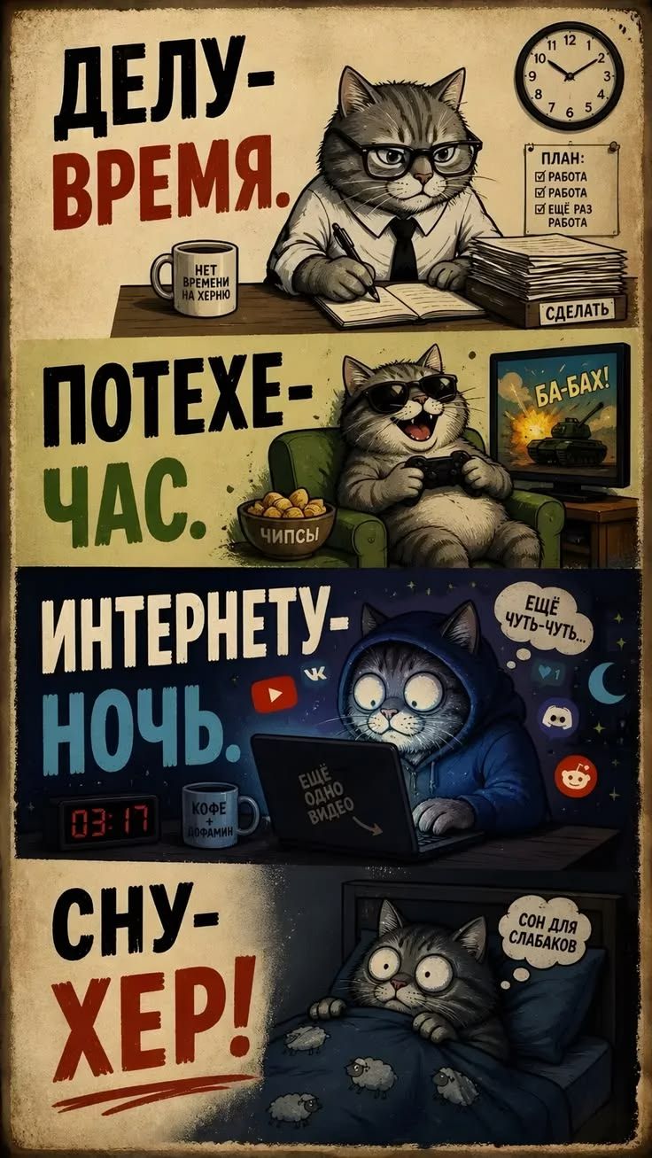ДЕЛУ- ВРЕМЯ. НЕТ ВРЕМЕНИ НА ХЕРНЮ. ПЛАН: РАБОТА РАБОТА ЕЩЁ РАЗ РАБОТА. СДЕЛАТЬ. ПОТЕХЕ- ЧАС. ЧИПСЫ. БА-БАХ! ИНТЕРНЕТУ- НОЧЬ. ЕЩЁ ЧУТЬ-ЧУТЬ... ЕЩЁ ОДНО ВИДЕО. КОФЕ + ДОФАМИН. 03:17. СНУ- ХЕР! СОН ДЛЯ СЛАБАКОВ.