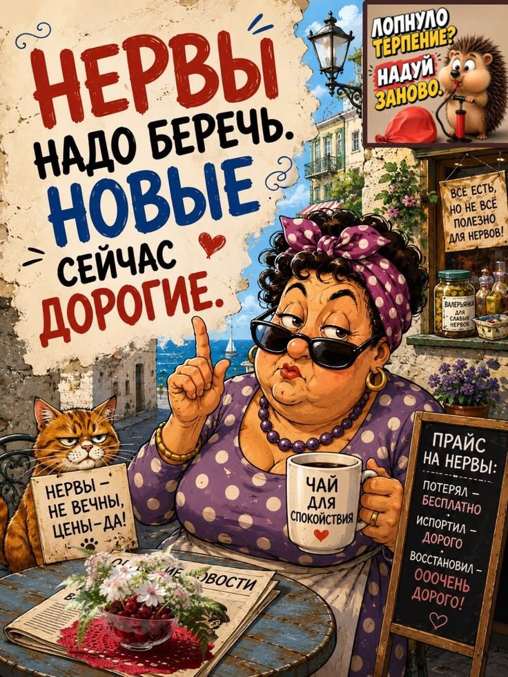 НЕРВЫ НАДО БЕРЕЧЬ. НОВЫЕ СЕЙЧАС ДОРОГИЕ. ЛОПНУЛО ТЕРПЕНИЕ? НАДУЙ ЗАНОВО. ВСЁ ЕСТЬ, НО НЕ ВСЁ ПОЛЕЗНО ДЛЯ НЕРВОВ! ВАЛЕРЬЯНКА ДЛЯ СЛАБЫХ НЕРВОВ. ЧАЙ ДЛЯ СПОКОЙСТВИЯ. НЕРВЫ – НЕ ВЕЧНЫ, ЦЕНЫ – ДА! ПРАЙС НА НЕРВЫ: ПОТЕРЯЛ – БЕСПЛАТНО ИСПОРТИЛ – ДОРОГО ВОССТАНОВИЛ – ОЧЕНЬ ДОРОГО! НОВОСТИ