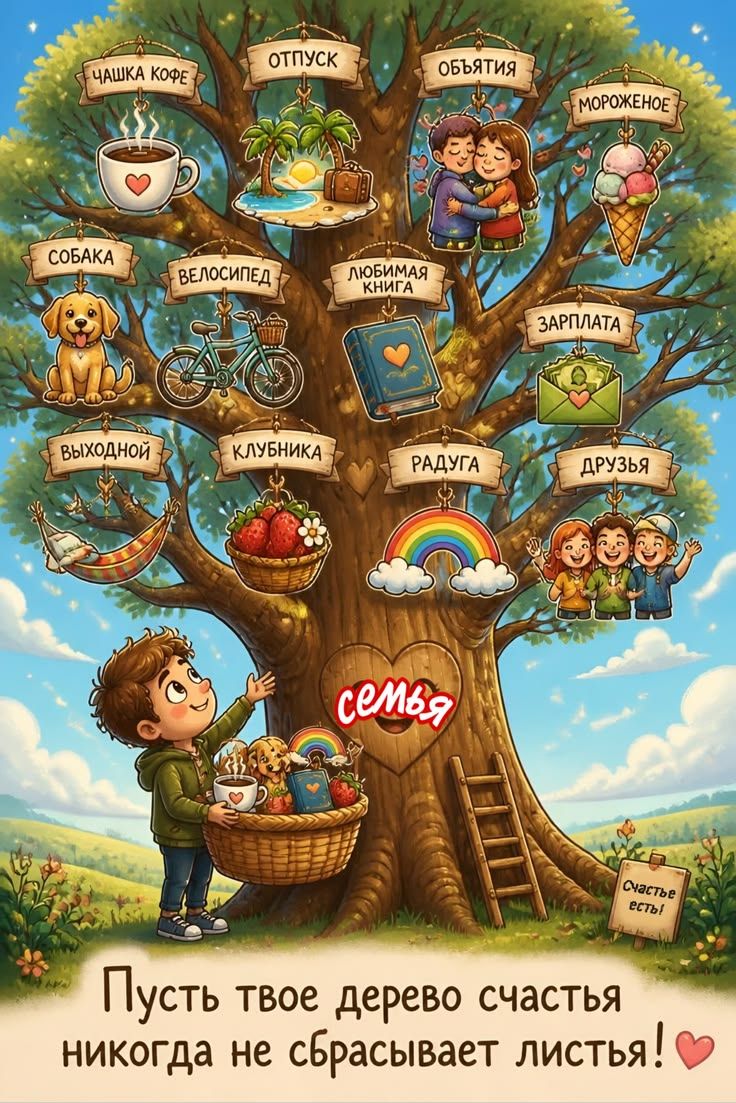 ЧАШКА КОФЕ, ОТПУСК, ОБЪЯТИЯ, МОРОЖЕНОЕ, СОБАКА, ВЕЛОСИПЕД, ЛЮБИМАЯ КНИГА, ЗАРПЛАТА, ВЫХОДНОЙ, КЛУБНИКА, РАДУГА, ДРУЗЬЯ, СЕМЬЯ. Счастье есть! Пусть твое дерево счастья никогда не сбрасывает листья!