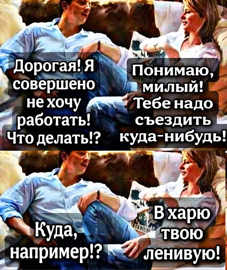 Дорогая! Я совершенно не хочу работать! Что делать!? Понимаю, милый! Тебе надо съездить куда-нибудь! Куда, например!? В харю твою ленивую!