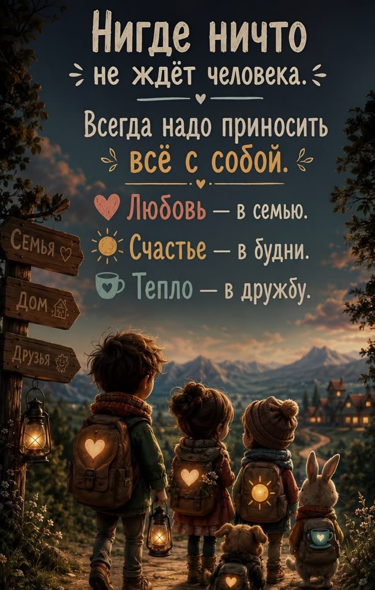 Нигде ничто не ждёт человека. Всегда надо приносить всё с собой. Любовь — в семью. Счастье — в будни. Тепло — в дружбу. Семья. Дом. Друзья.