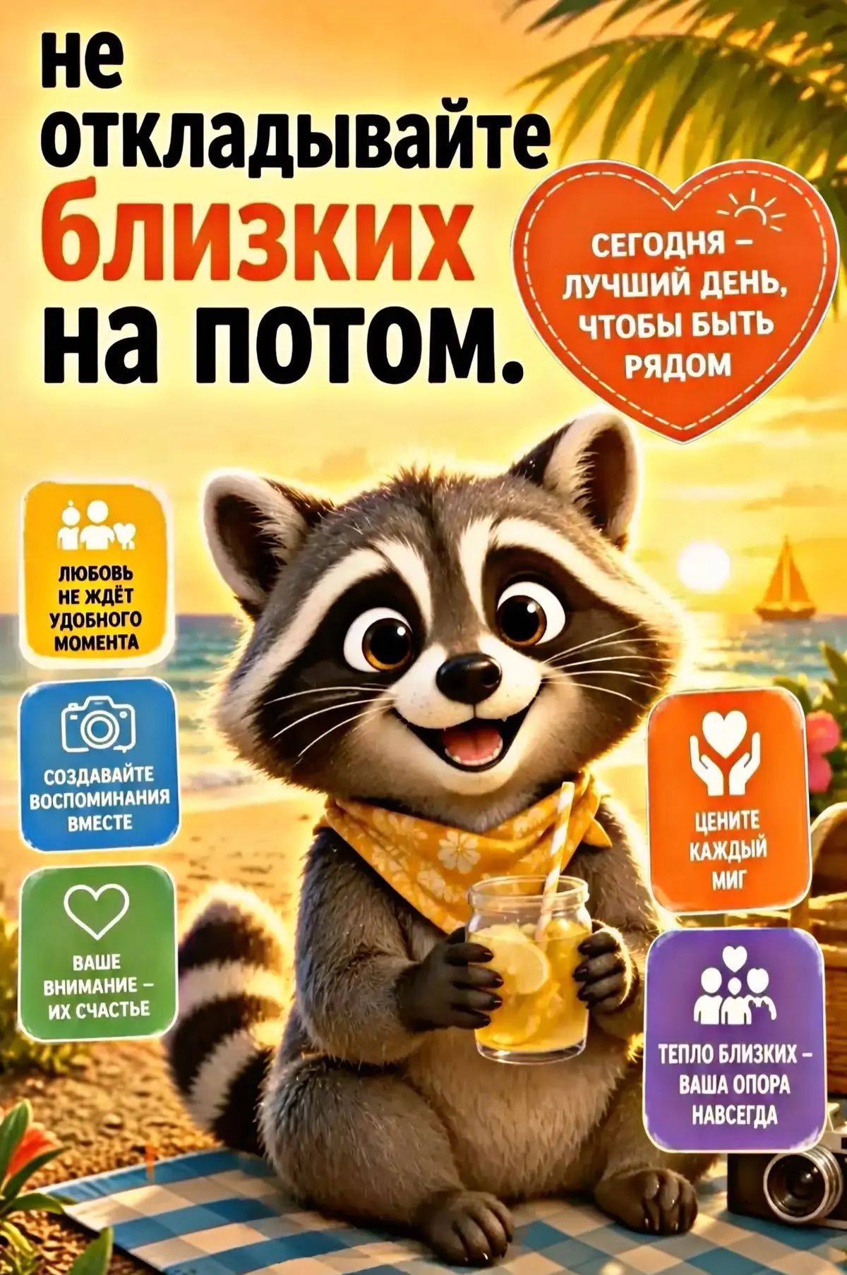 Не откладывайте близких на потом. Сегодня - лучший день, чтобы быть рядом. Любовь не ждёт удобного момента. Создавайте воспоминания вместе. Ваше внимание - их счастье. Цените каждый миг. Тепло близких - ваша опора навсегда.