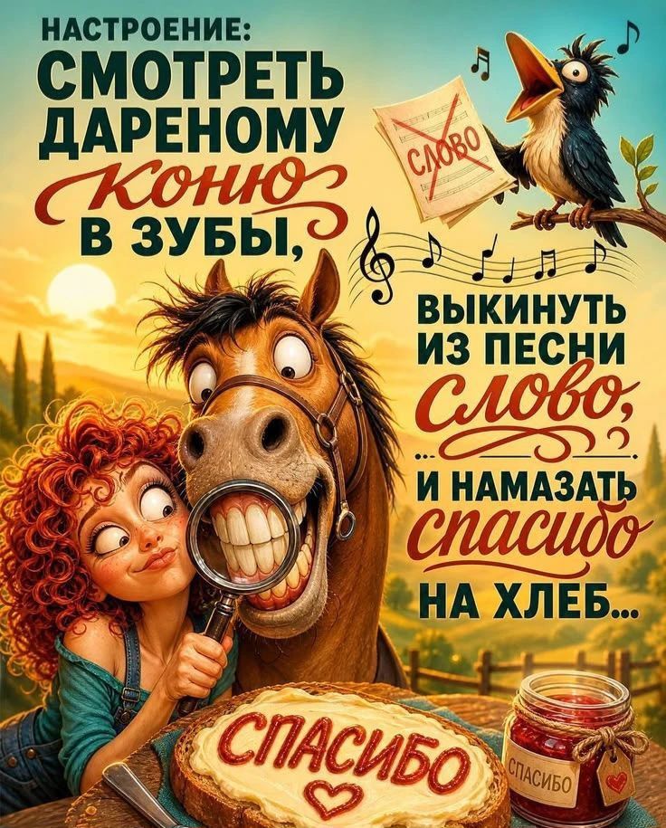 НАСТРОЕНИЕ: СМОТРЕТЬ ДАРЕНОМУ КОНЮ В ЗУБЫ, ВЫКИНУТЬ ИЗ ПЕСНИ СЛОВО, И НАМАЗАТЬ СПАСИБО НА ХЛЕБ... СЛОВО СПАСИБО СПАСИБО
