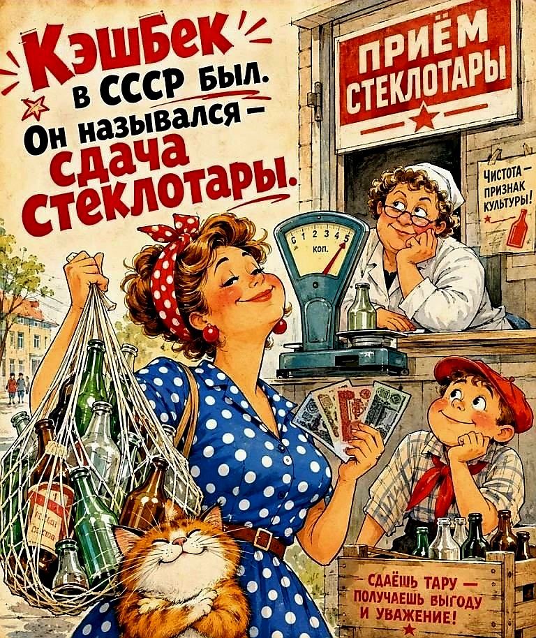 Кэшбек в СССР был. Он назывался — Сдача стеклотары. Приём стеклотары. Чистота — признак культуры! Сдаёшь тару — получаешь выгоду и уважение!