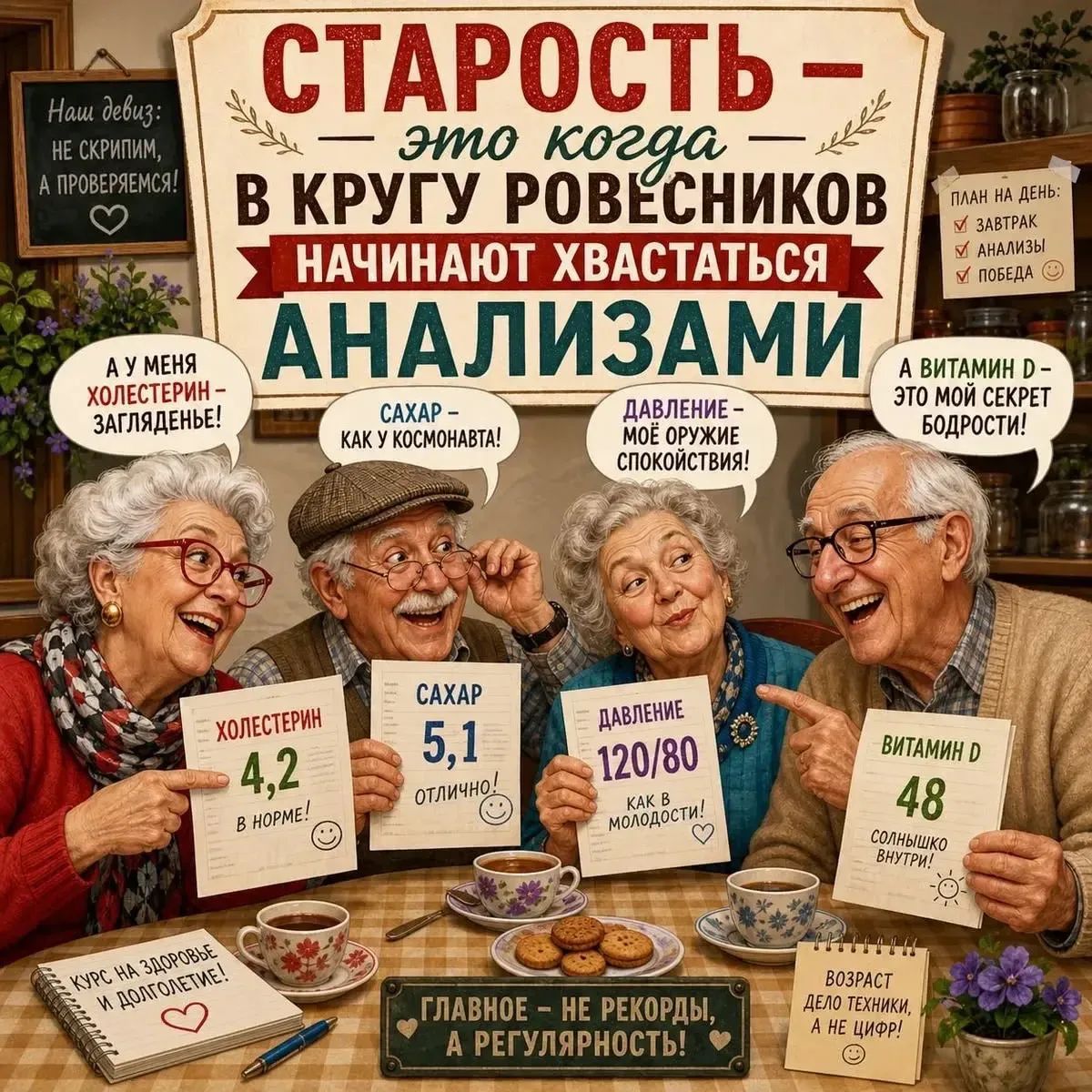 СТАРОСТЬ — это когда в кругу ровесников начинают хвастаться АНАЛИЗАМИ. Наш девиз: НЕ СКРИПИМ, А ПРОВЕРЯЕМСЯ! ПЛАН НА ДЕНЬ: ЗАВТРАК, АНАЛИЗЫ, ПОБЕДА. А у меня холестерин - загляденье! Холестерин 4,2 В НОРМЕ! Сахар - как у космонавта! Сахар 5,1 отлично! Давление - моё оружие спокойствия! Давление 120/80 КАК В МОЛОДОСТИ! А витамин D - это мой секрет б