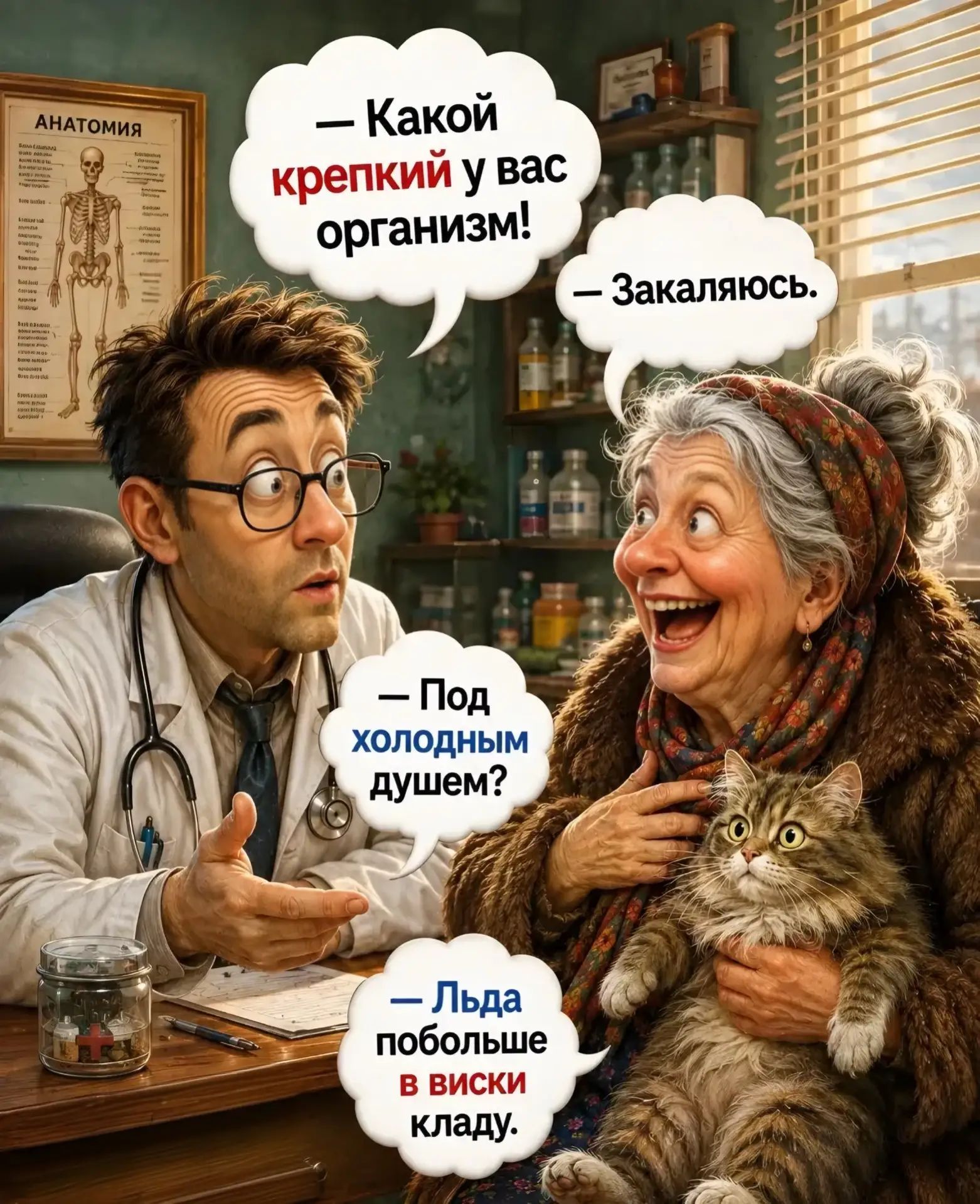 АНАТОМИЯ. Доктор: Какой крепкий у вас организм! Бабушка: Закаляюсь. Доктор: Под холодным душем? Бабушка: Льда побольше в виски кладу.