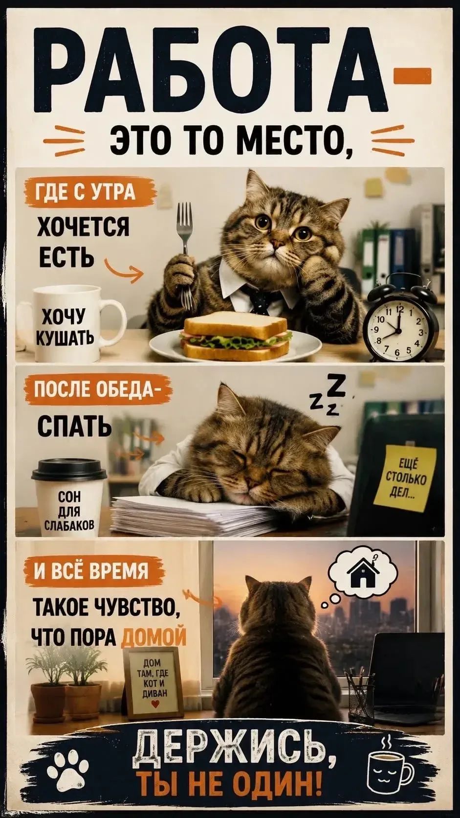 РАБОТА - ЭТО ТО МЕСТО, ГДЕ С УТРА ХОЧЕТСЯ ЕСТЬ. ХОЧУ КУШАТЬ. ПОСЛЕ ОБЕДА - СПАТЬ. СОН ДЛЯ СЛАБАКОВ. ЕЩЁ СТОЛЬКО ДЕЛ... И ВСЁ ВРЕМЯ ТАКОЕ ЧУВСТВО, ЧТО ПОРА ДОМОЙ. ДОМ ТАМ, ГДЕ КОТ И ДИВАН. ДЕРЖИСЬ, ТЫ НЕ ОДИН!