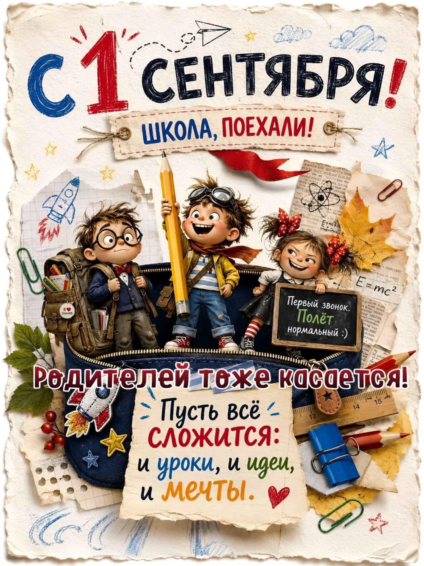 С 1 СЕНТЯБРЯ! ШКОЛА, ПОЕХАЛИ! Первый звонок. Полёт нормальный :) РОДИТЕЛЕЙ ТОЖЕ КАСАЕТСЯ! Пусть всё сложится: и уроки, и идеи, и мечты. Я ❤️ ЗНАНИЯ. E=mc².