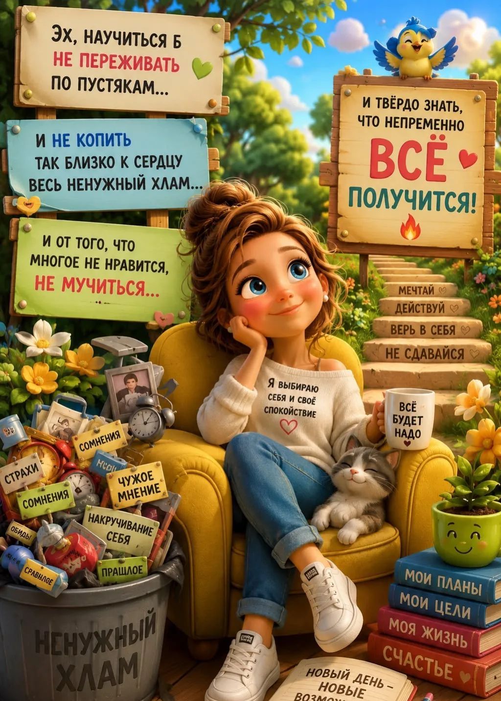 Эх, научиться б не переживать по пустякам... И не копить так близко к сердцу весь ненужный хлам... И от того, что многое не нравится, не мучиться... И твёрдо знать, что непременно всё получится! Мечтай, действуй, верь в себя, не сдавайся. Я выбираю себя и своё спокойствие. Всё будет надо. Ненужный хлам: Страхи, Сомнения, Обиды, Сравнение, Чужое мне