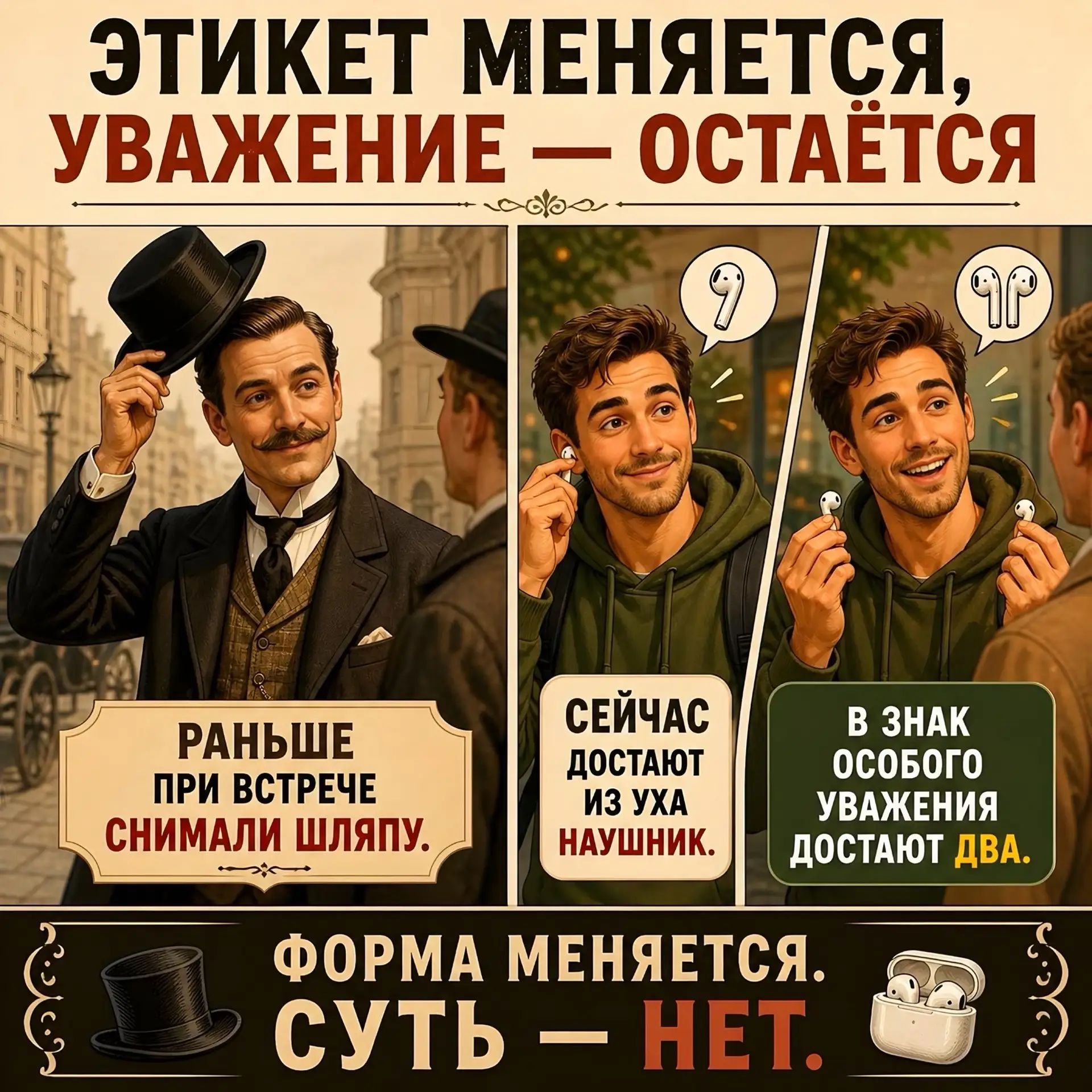 ЭТИКЕТ МЕНЯЕТСЯ, УВАЖЕНИЕ — ОСТАЁТСЯ. РАНЬШЕ ПРИ ВСТРЕЧЕ СНИМАЛИ ШЛЯПУ. СЕЙЧАС ДОСТАЮТ ИЗ УХА НАУШНИК. В ЗНАК ОСОБОГО УВАЖЕНИЯ ДОСТАЮТ ДВА. ФОРМА МЕНЯЕТСЯ. СУТЬ — НЕТ.