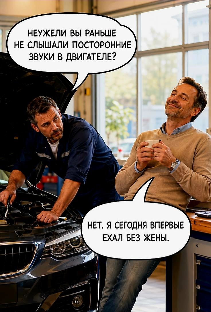 НЕУЖЕЛИ ВЫ РАНЬШЕ НЕ СЛЫШАЛИ ПОСТОРОННИЕ ЗВУКИ В ДВИГАТЕЛЕ? НЕТ. Я СЕГОДНЯ ВПЕРВЫЕ ЕХАЛ БЕЗ ЖЕНЫ.