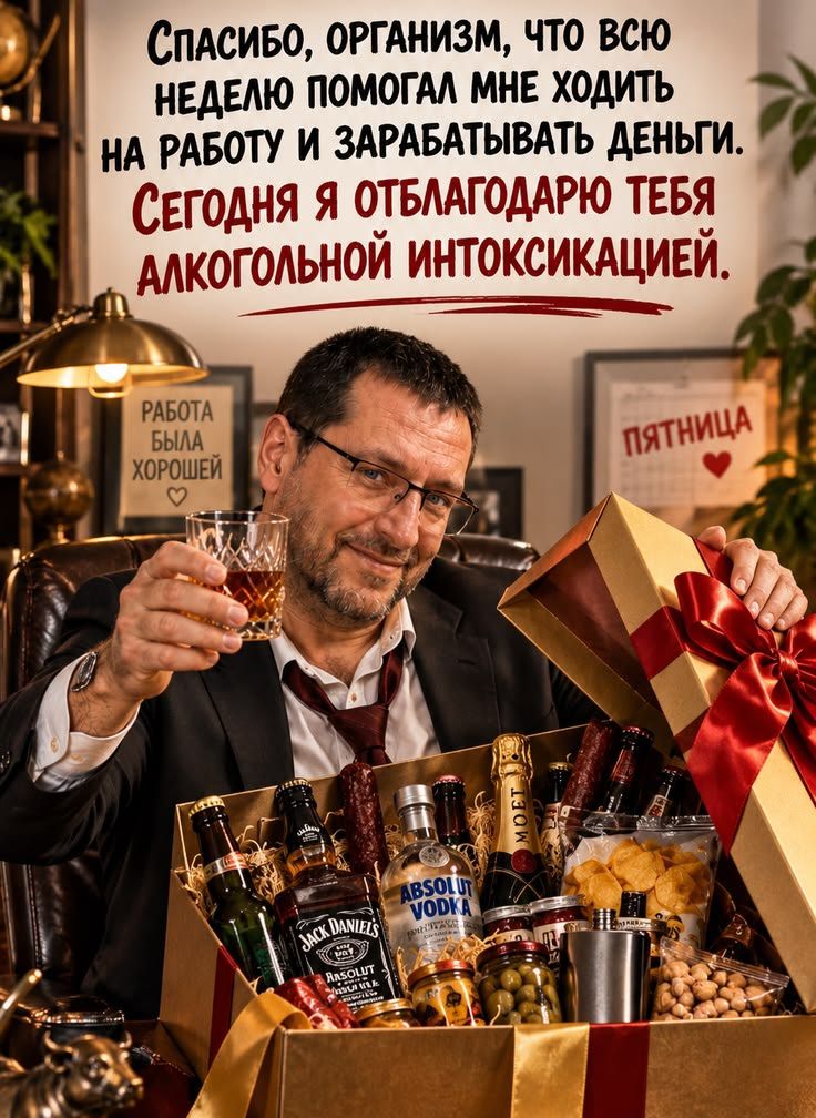 СПАСИБО, ОРГАНИЗМ, ЧТО ВСЮ НЕДЕЛЮ ПОМОГАЛ МНЕ ХОДИТЬ НА РАБОТУ И ЗАРАБАТЫВАТЬ ДЕНЬГИ. СЕГОДНЯ Я ОТБЛАГОДАРЮ ТЕБЯ АЛКОГОЛЬНОЙ ИНТОКСИКАЦИЕЙ. РАБОТА БЫЛА ХОРОШЕЙ ПЯТНИЦА