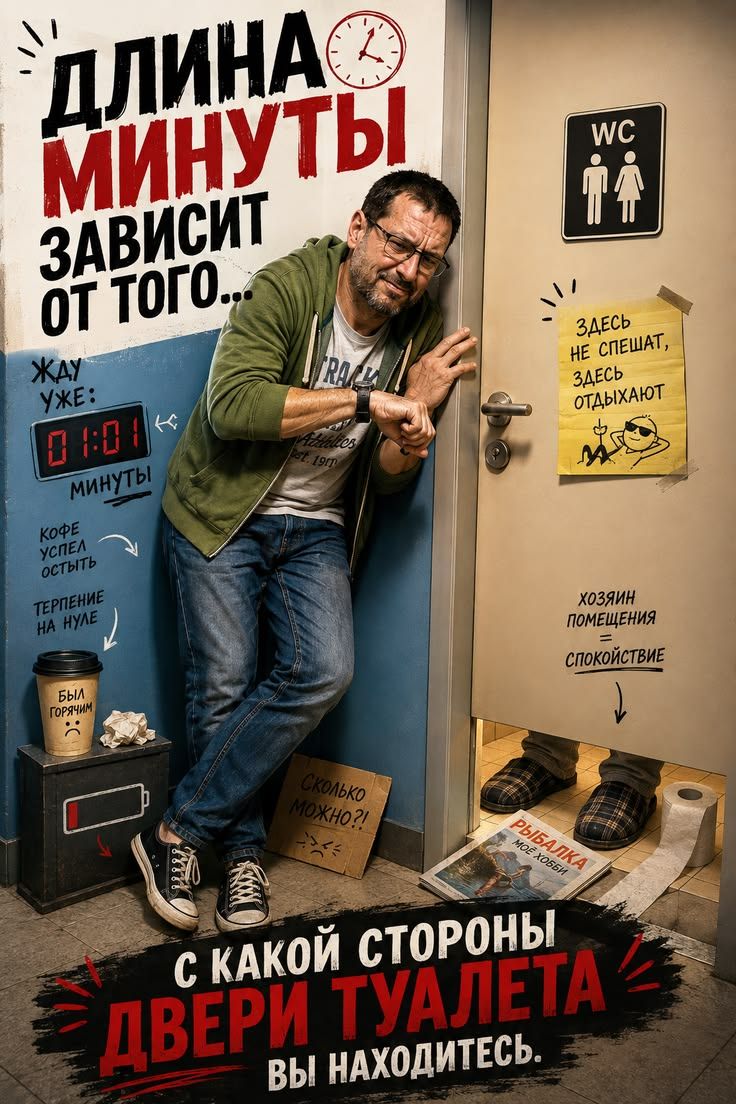 ДЛИНА МИНУТЫ ЗАВИСИТ ОТ ТОГО... С КАКОЙ СТОРОНЫ ДВЕРИ ТУАЛЕТА ВЫ НАХОДИТЕСЬ. ЖДУ УЖЕ: 01:01 МИНУТЫ. КОФЕ УСПЕЛ ОСТЫТЬ. ТЕРПЕНИЕ НА НУЛЕ. БЫЛ ГОРЯЧИМ. СКОЛЬКО МОЖНО?! WC. ЗДЕСЬ НЕ СПЕШАТ, ЗДЕСЬ ОТДЫХАЮТ. ХОЗЯИН ПОМЕЩЕНИЯ = СПОКОЙСТВИЕ. РЫБАЛКА МОЕ ХОББИ.