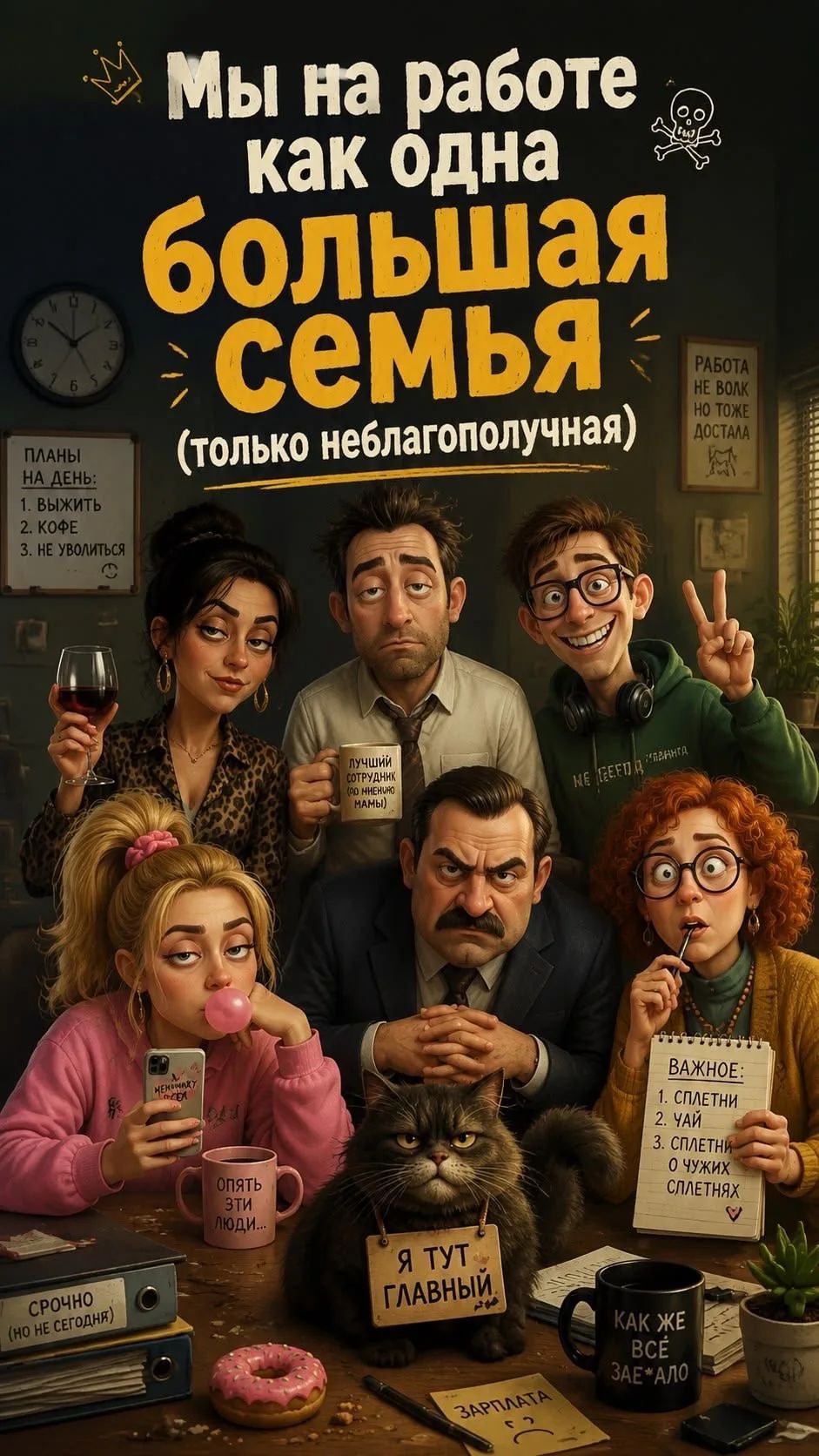 Мы на работе как одна большая семья (только неблагополучная). ПЛАНЫ НА ДЕНЬ: 1. ВЫЖИТЬ 2. КОФЕ 3. НЕ УВОЛИТЬСЯ. РАБОТА НЕ ВОЛК НО ТОЖЕ ДОСТАЛА. ЛУЧШИЙ СОТРУДНИК (ПО МНЕНИЮ МАМЫ). НЕ КЕГДА ДАМИНГА. ОПЯТЬ ЭТИ ЛЮДИ... Я ТУТ ГЛАВНЫЙ. ВАЖНОЕ: 1. СПЛЕТНИ 2. ЧАЙ 3. СПЛЕТНИ О ЧУЖИХ СПЛЕТНЯХ. КАК ЖЕ ВСЁ ЗАЕ*АЛО. СРОЧНО (НО НЕ СЕГОДНЯ). ЗАРПЛАТА :(