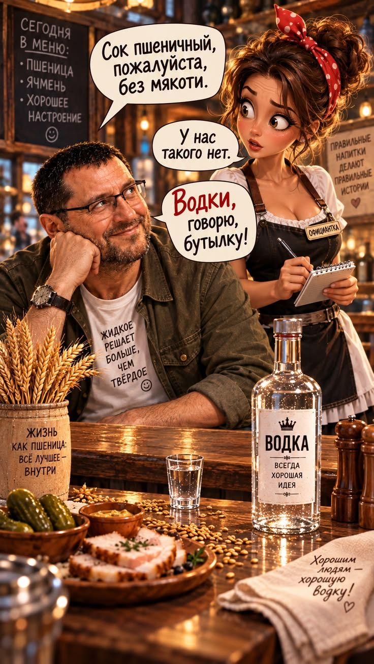 СЕГОДНЯ В МЕНЮ: ПШЕНИЦА, ЯЧМЕНЬ, ХОРОШЕЕ НАСТРОЕНИЕ. Сок пшеничный, пожалуйста, без мякоти. У нас такого нет. Водки, говорю, бутылку! ЖИДКОЕ РЕШАЕТ БОЛЬШЕ, ЧЕМ ТВЁРДОЕ. ЖИЗНЬ КАК ПШЕНИЦА: ВСЁ ЛУЧШЕЕ – ВНУТРИ. ПРАВИЛЬНЫЕ НАПИТКИ ДЕЛАЮТ ПРАВИЛЬНЫЕ ИСТОРИИ. ОФИЦИАНТКА. ВОДКА ВСЕГДА ХОРОШАЯ ИДЕЯ. Хорошим людям – хорошую водку!