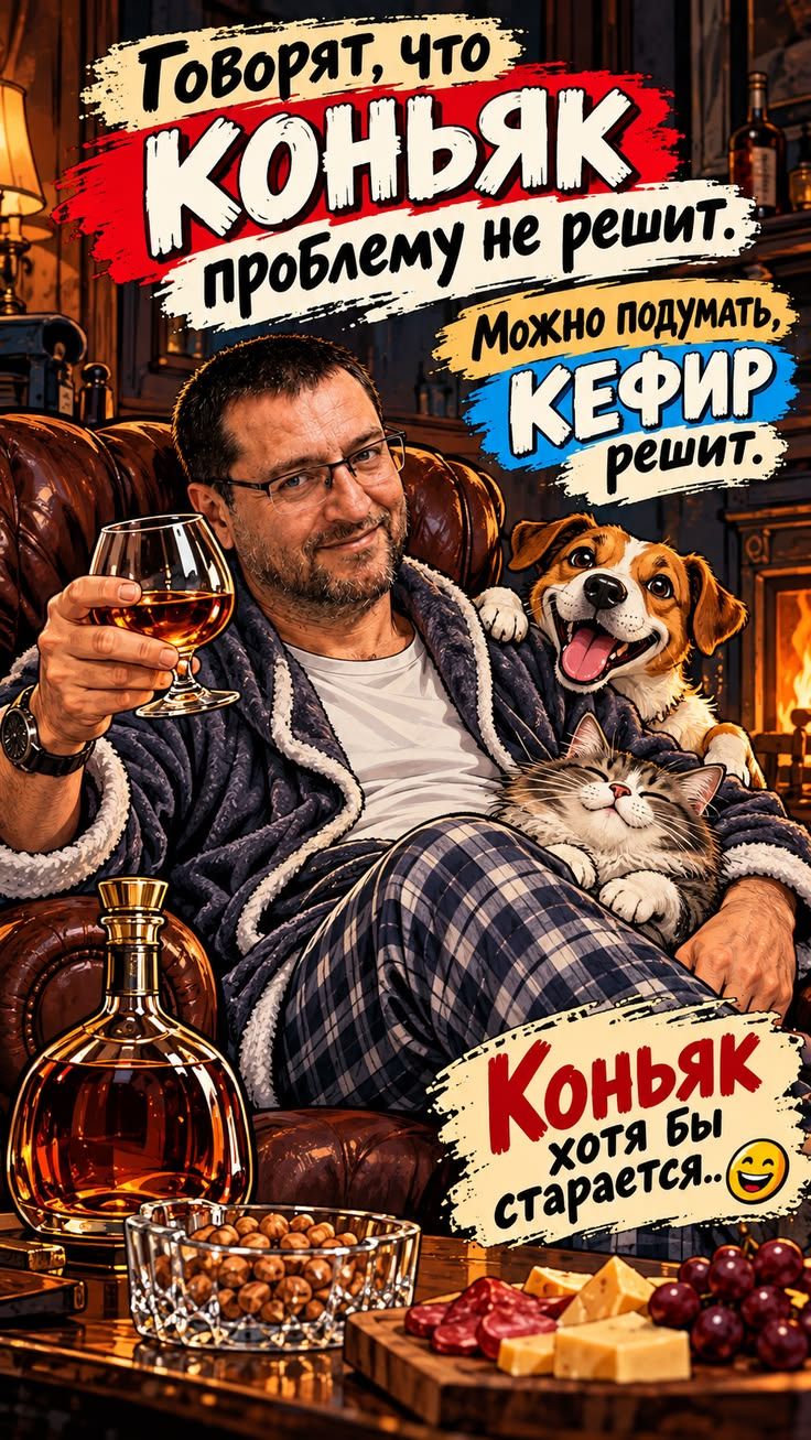 Говорят, что коньяк проблему не решит. Можно подумать, кефир решит. Коньяк хотя бы старается..