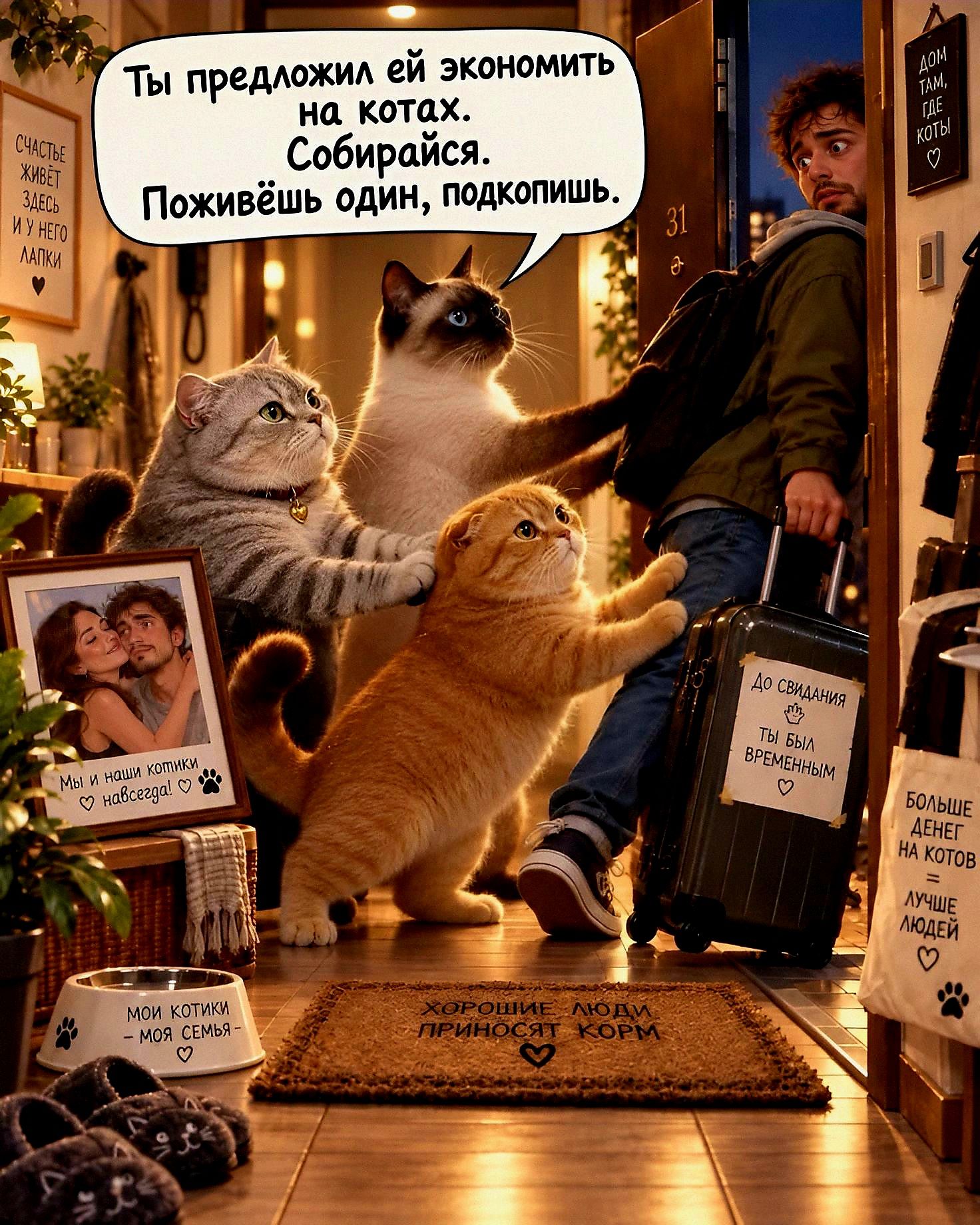 Ты предложил ей экономить на котах. Собирайся. Поживёшь один, подкопишь. СЧАСТЬЕ ЖИВЁТ ЗДЕСЬ И У НЕГО ЛАПКИ ❤️ Мы и наши котики навсегда! ❤️🐾 МОИ КОТИКИ - МОЯ СЕМЬЯ - ❤️ ХОРОШИЕ ЛЮДИ ПРИНОСЯТ КОРМ ❤️ ДОМ ТАМ, ГДЕ КОТЫ ❤️ ДО СВИДАНИЯ 🐾 ТЫ БЫЛ ВРЕМЕННЫМ ❤️ БОЛЬШЕ ДЕНЕГ НА КОТОВ = ЛУЧШЕ ЛЮДЕЙ ❤️