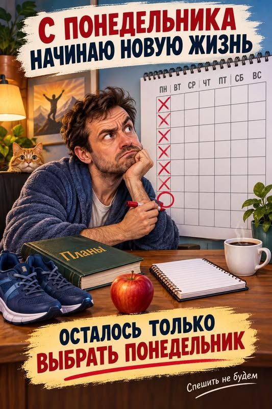 С понедельника начинаю новую жизнь. ПН ВТ СР ЧТ ПТ СБ ВС. Планы. Осталось только выбрать понедельник. Спешить не будем.