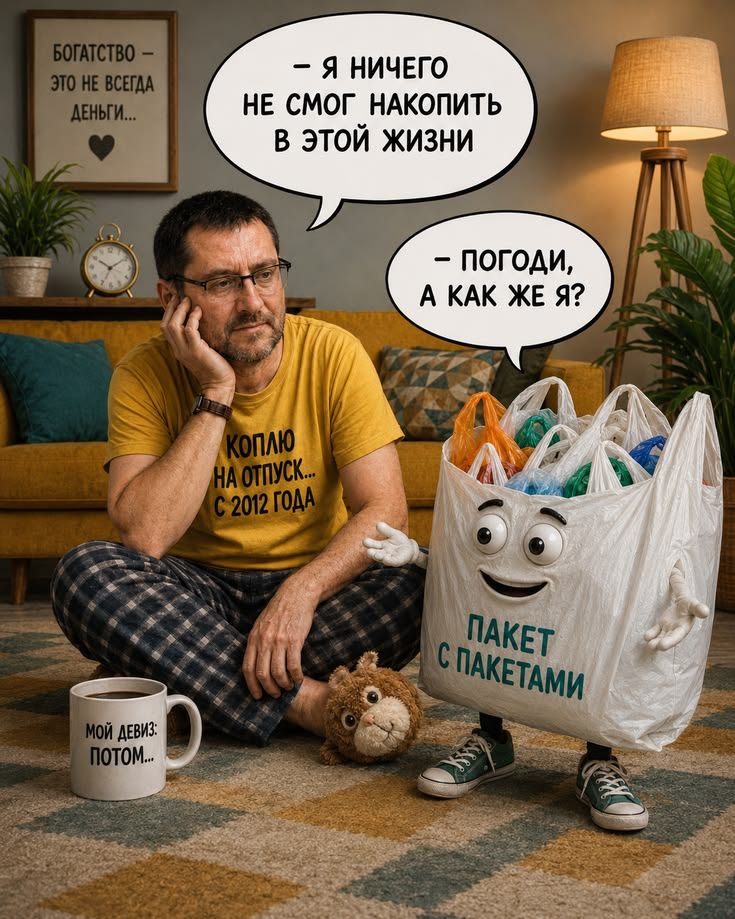 БОГАТСТВО – ЭТО НЕ ВСЕГДА ДЕНЬГИ... – Я НИЧЕГО НЕ СМОГ НАКОПИТЬ В ЭТОЙ ЖИЗНИ – ПОГОДИ, А КАК ЖЕ Я? КОПЛЮ НА ОТПУСК... С 2012 ГОДА МОЙ ДЕВИЗ: ПОТОМ... ПАКЕТ С ПАКЕТАМИ