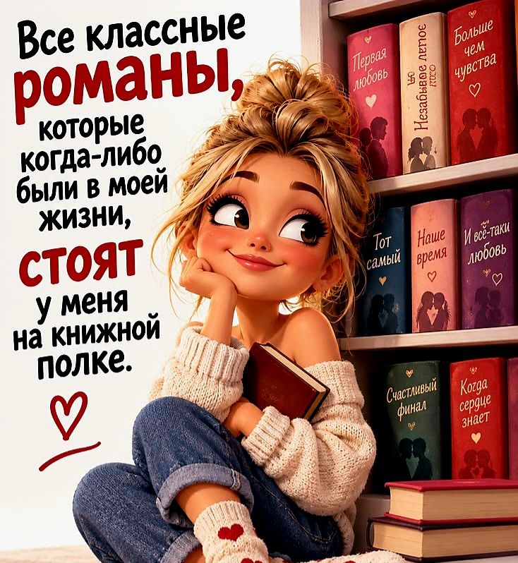 Все классные романы, которые когда-либо были в моей жизни, стоят у меня на книжной полке. Первая любовь. Незабываемое лето. Больше чем чувства. Тот самый. Наше время. И всё-таки любовь. Счастливый финал. Когда сердце знает.