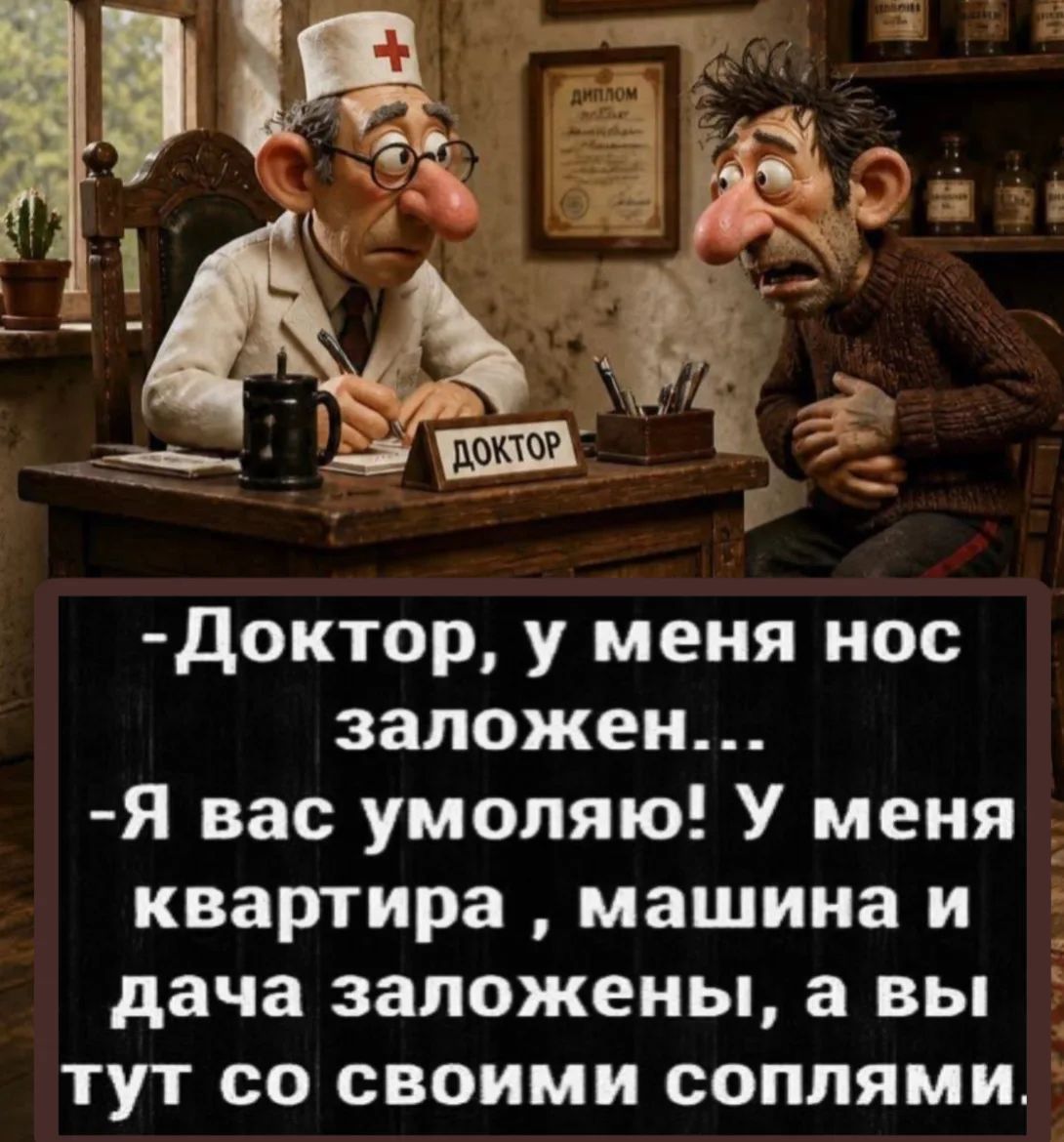 ДОКТОР -Доктор, у меня нос заложен... -Я вас умоляю! У меня квартира, машина и дача заложены, а вы тут со своими соплями.