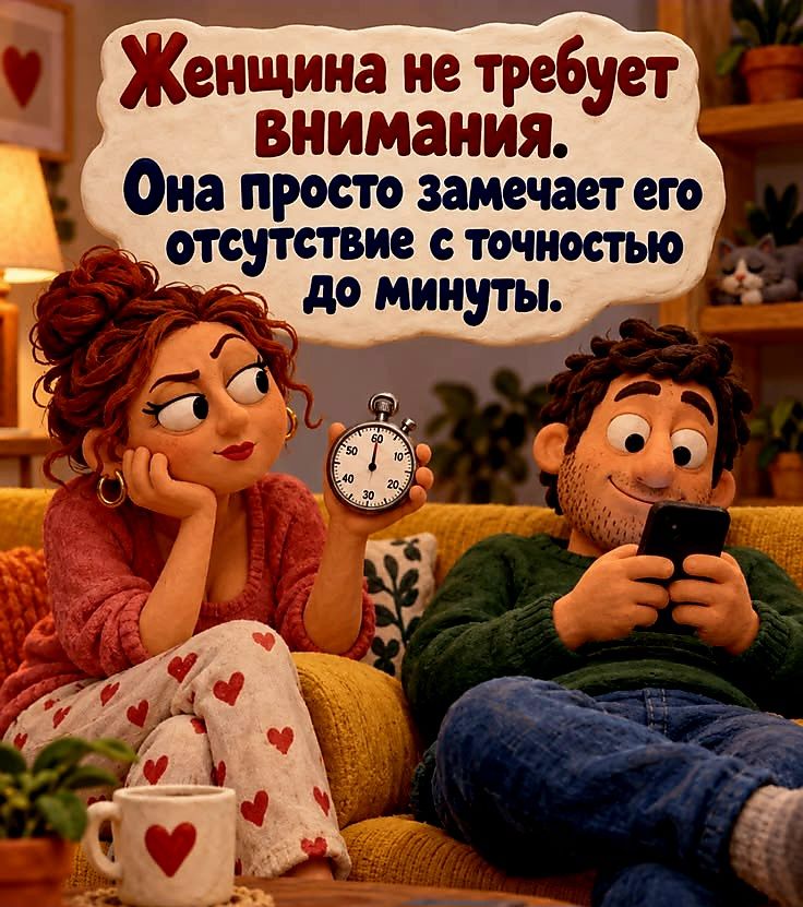 Женщина не требует внимания. Она просто замечает его отсутствие с точностью до минуты.