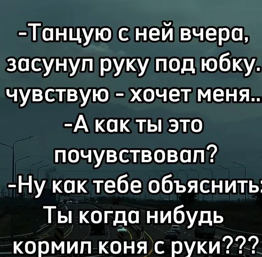 Танцую с ней вчера засунулрукупод юбку чувствую хочет меня А какты это почувствовал Ну как тебе объяснить Ты когда нибудь кормил коня с руки