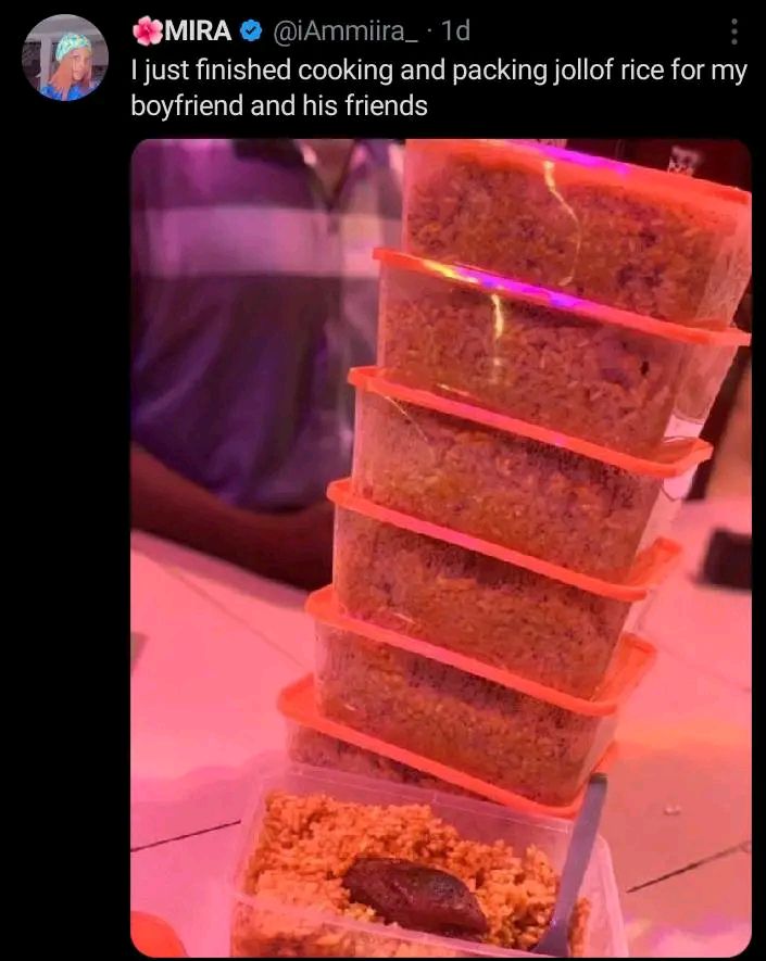 MIRA iAmmiira_ 1d 1 just finished cooking and packing jollof rice for my boyfriend and his friends W