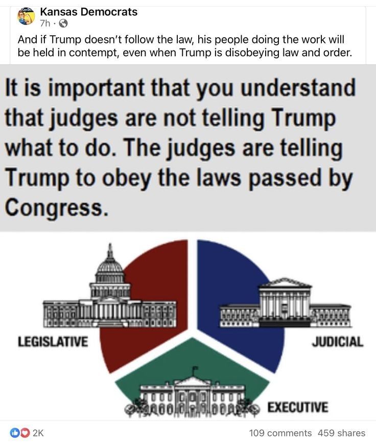 Kansas Democrats And if Trump doesnt follow the law his people doing the work wil be held in contempt even when Trump s disobeying law and order It is important that you understand that judges are not telling Trump what to do The judges are telling Trump to obey the laws passed by Congress JUDICIAL 00 00 EXECUTIVE 00