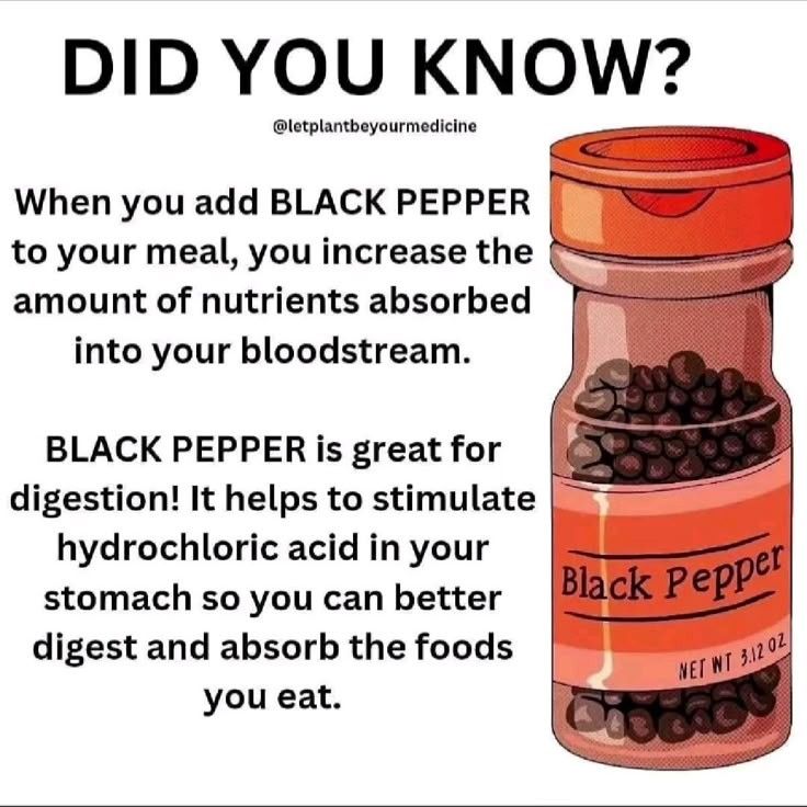 DID YOU KNOW lstplanbeyourmedicine When you add BLACK PEPPER v to your meal you increase the B amount of nutrients absorbed into your bloodstream BLACK PEPPER is great for digestion It helps to stimulate hydrochloric acid in your stomach so you can better digest and absorb the foods you eat