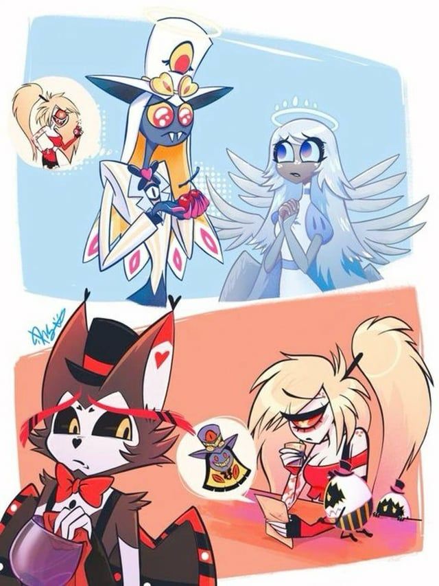 Two whimsical couples in card-like panels: top panel shows a tall, elegant figure presenting a heart to a pale ice-princess type character; bottom panel features a cat-like character in a tux and a blonde character with a fan, with a floating heart badge between them. An inset shows a small blonde girl peeking from the side.