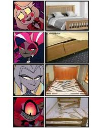 Six-panel meme grid: left column shows cartoon villains with expressive faces, right column shows various pictures of beds (different styles and angles).