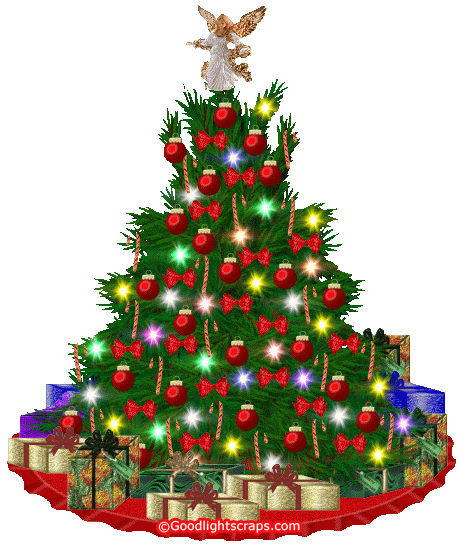 A festive Christmas tree decorated with red ornaments, bows, and colorful lights, with wrapped gifts underneath.