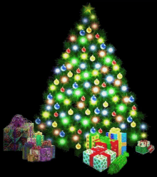 A Christmas tree adorned with colorful lights and ornaments, surrounded by wrapped gifts.