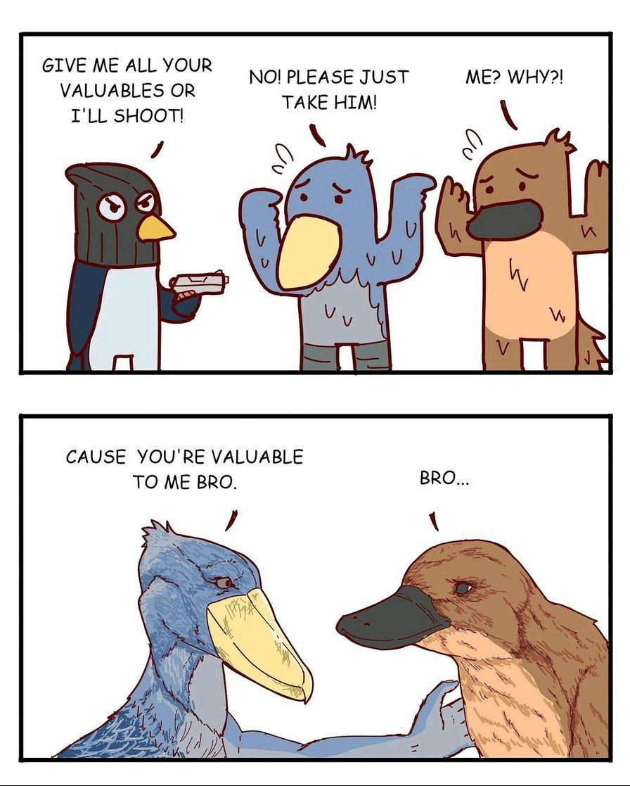 GIVE ME ALL YOUR VALUABLES OR I'LL SHOOT!
NO! PLEASE JUST TAKE HIM!
ME? WHY?!
CAUSE YOU'RE VALUABLE TO ME, BRO.
BRO...