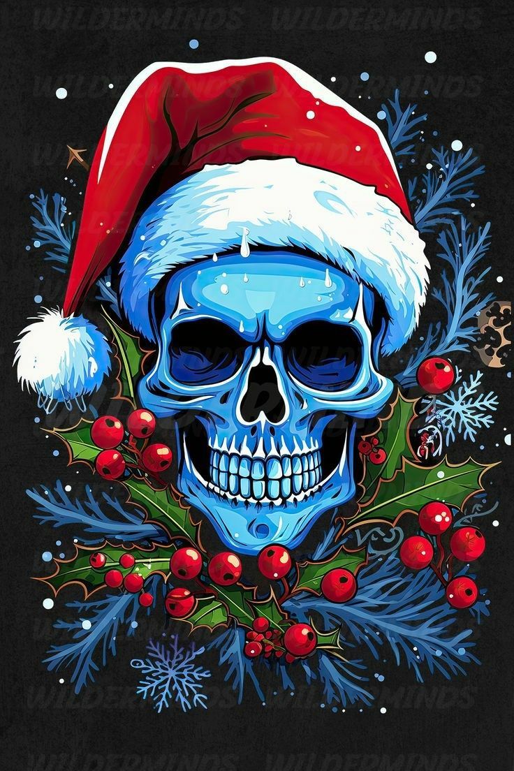 Blue skull wearing a Santa hat, adorned with holly and winter decorations.