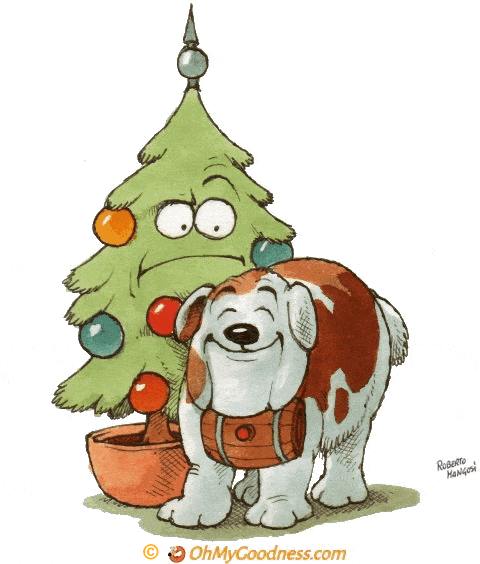 A cartoon Christmas tree with a dog wearing a harness beside it.