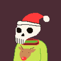 Pixel art of a skull wearing a Santa hat and a green sweater with a reindeer motif.
